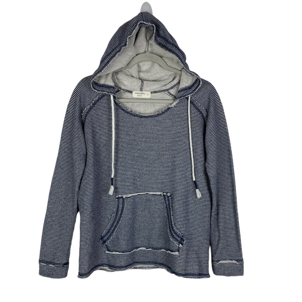 Ocean Drive Striped Hooded Drawstring Sweatshirt Women's Small Navy Blue White - Picture 7 of 10